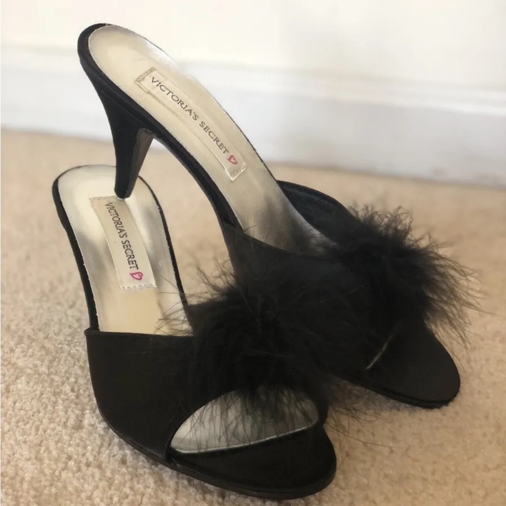 Victoria's Secret Black Satin Marabou Shoes Boudoir 4" Heel SZ 9 VTG